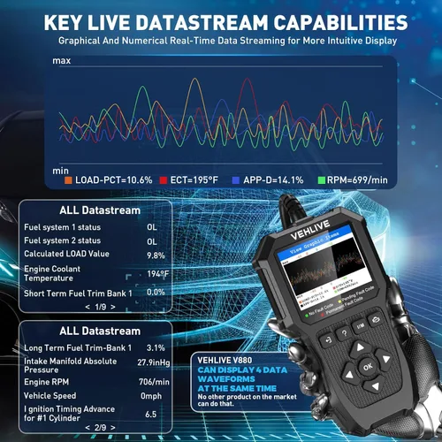 Vista 6 de Herramienta de diagnóstico del escáner OBD2, lector de código de coche con luz de verificación del motor con reinicio, probador de batería, datos