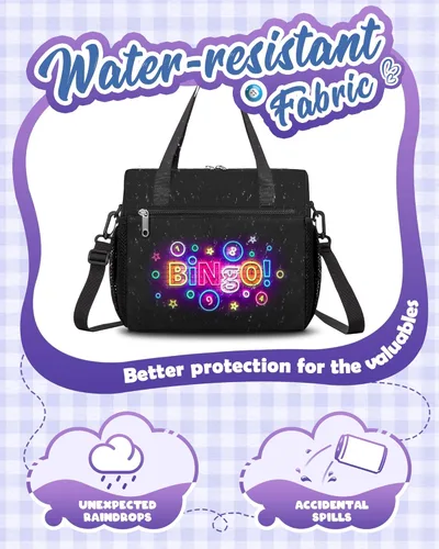 Vista 5 de Bolsa de bingo para Daubers Dabbers Dobbers Dotters resistente al agua, bolsa de accesorios de bingo con bolsillos para adultos mayores (negro)