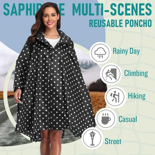Vista 28 de SaphiRose - Poncho de lluvia unisex impermeable con capucha para mujeres adultas con bolsillos A-negro-blanco