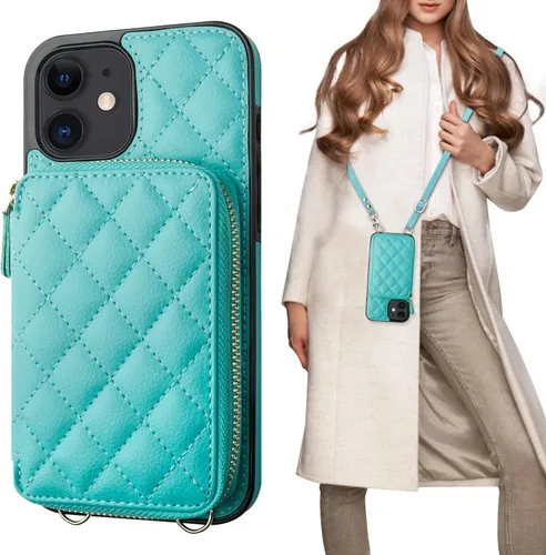 Vista 14 de Bocasal Funda tipo cartera cruzada para iPhone 12/12 Pro, bloqueo RFID, de piel sintética, con cremallera, bolso cartera con tapa plegable, funda