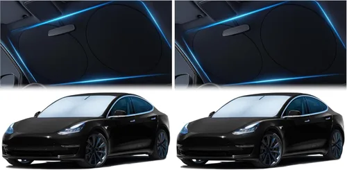 Vista 9 de Magnelex Parasol para parabrisas Tesla (modelo 3/Y), poliéster reflectante que bloquea el calor y el sol, bloqueador solar plegable para ventana