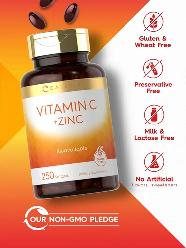 Vista 4 de Carlyle Vitamina C con zinc 250 cápsulas blandas Biodisponible Ácido ascórbico Óxido de zinc Suplemento sin OMG y sin gluten