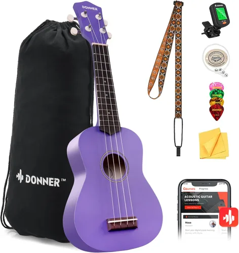 Vista 20 de Donner Ukulele Soprano para Principiantes de 21 Pulgadas, Ukulele Mate, Kit para Principiantes con Bolsa, Correa, Afinador, Cuerdas, Púas, Paño