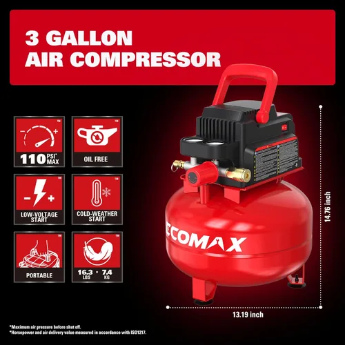 Vista 3 de ECOMAX Compresor de aire de 3 galones 110 PSI Pancake tanque portátil sin aceite con kit de accesorios de 11 piezas