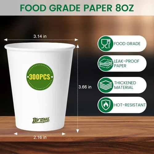 Vista 5 de Vasos de papel de 8 onzas, paquete de 300 tazas de café desechables para bebidas calientes y frías, resistentes con forro resistente a fugas