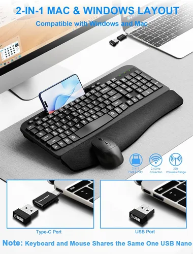 Vista 5 de Combo de teclado y mouse inalámbricos, teclado ergonómico de computadora con soporte acolchado para teléfono, juego de mouse inalámbrico silencioso