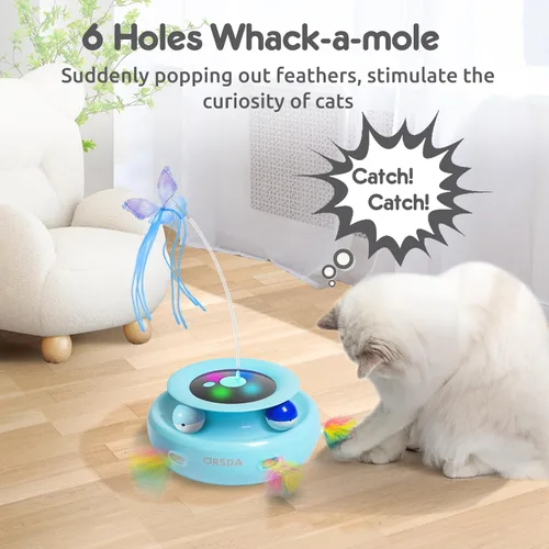 Vista 5 de ORSDA Juguete para gatos, juguete interactivo electrónico automático 3 en 1 con plumas de emboscada en movimiento, mariposa revoloteante, bolas