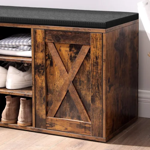Vista 8 de VASAGLE Shoe Bench, Storage Bench with Cupboard and 9 Open Compartments, Shoe Shelf, Padded Seat, Barn Door, 11.8 x 43.3 x 18.9 Inches, Rustic Brown