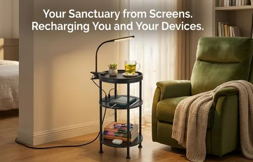 Vista 7 de Mesa auxiliar redonda pequeña con estación de carga para espacios pequeños, mesa decorativa de 3 niveles con puertos USB y tomas de corriente, mesa