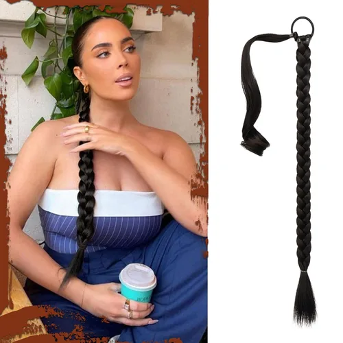Vista 20 de SOFEIYAN Extensión de cola de caballo trenzada larga con banda elástica y mechón liso envolvente, extensiones de cabello naturales suaves