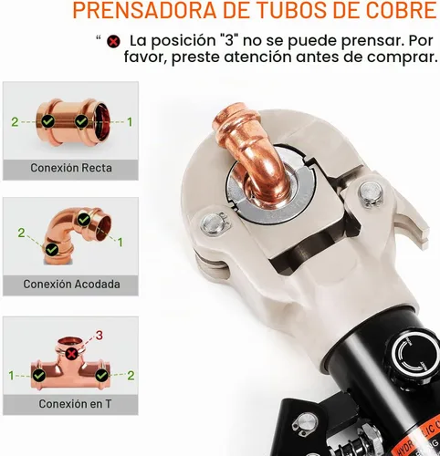 Herramienta de prensa de cobre hidráulica para accesorios de cobre de 1/2", 3/4", 1" y troqueles de 3/8" a 1" para tubería ASTM F1807 PEX