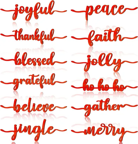 Vista 16 de 12 piezas de letreros de madera con palabras navideñas recortadas "Joyful Merry Thankful Grateful Blessed Peace Gather" para decoración de plato