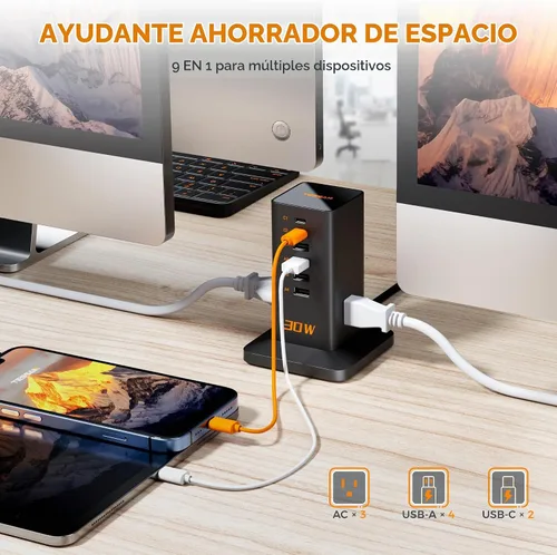 Vista 3 de TESSAN - Estación de carga USB de 100 W para múltiples dispositivos, cargador USB 9 en 1 Desktop Accessories with 3 AC Outlet, 3 USB C, 3 USB A for