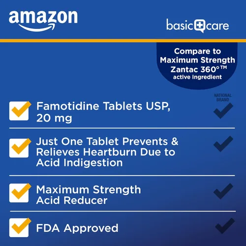 Vista 2 de Amazon Basic Care Tabletas de famotidina de 20 mg de máxima fuerza, reductor de ácido, prevención y alivio de la acidez estomacal, reflujo ácido, 90