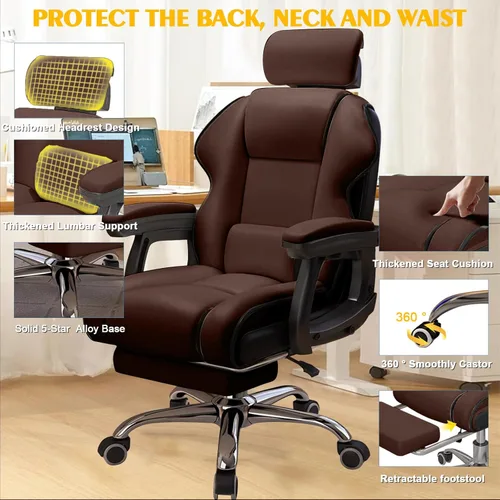 Vista 5 de Silla de oficina ejecutiva reclinable con reposapiés, escritorio ergonómico para computadora con soporte lumbar, silla grande y alta