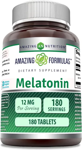 Amazing Formulas Suplemento de melatonina | Sin sabor | 12 mg por porción | 180 tabletas | Sin OMG | Sin gluten | Fabricado en Estados Unidos