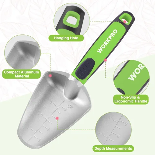 Vista 7 de WORKPRO Juego de herramientas de jardín de 5 piezas, con recubrimiento en polvo, juego de herramientas de jardinería de aluminio compacto con Verde