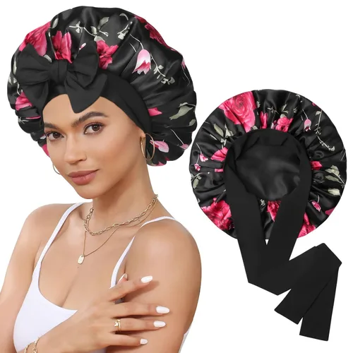 Vista 14 de Gorro de satén de seda para dormir, gorro de seda de doble capa con banda elástica para cabello rizado