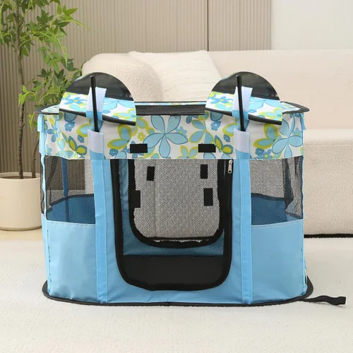 Vista 4 de Corralito plegable para mascotas, corralito para gatos, corralito para cachorros para interiores (mediano, azul)
