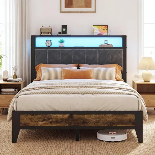 Vista 11 de OLEVS Base de cama individual con cabecera de almacenamiento con luz LED y estación de carga tipo C, base de cama de plataforma metálica