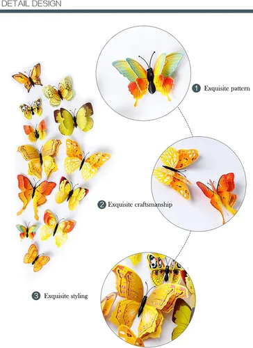Vista 5 de 24 mariposas de doble capa para decoración, decoración de pared de mariposa 3D, mariposas decorativas para fiestas, calcomanías en la pared