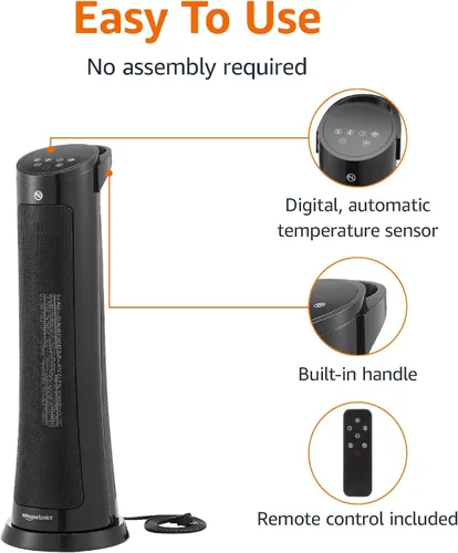 Vista 3 de Amazon Basics Calentador de torre oscilante de 28 pulgadas con protección contra sobrecalentamiento y vuelco, calentamiento rápido, 2 ajustes