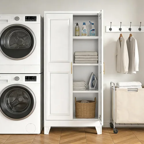 Vista 4 de 61.4" White Metal Pantry Storage Cabinet, Farmhouse Kitchen Cupboard with 3 Adjustable Shelves, Magnetic Closure, Anti-Tip Kit & Moisture-Proof Legs
