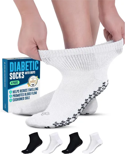 Doctor's Select Diabetic Ankle Hospital Socks with Grips for Women Men - 4 Pair 1/4 Length Neuropathy Socks for Women