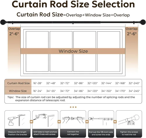 Vista 6 de Zeerobee Barras de cortina para ventanas de 120 a 240, barra de cortina negra ajustable de 1 pulgada de alta resistencia, poste de cortina moderno