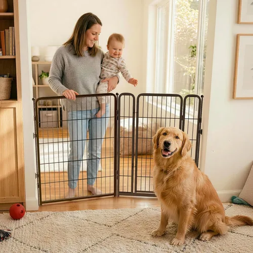 Vista 33 de FXW Puerta para perros extra ancha diseñada para uso en interiores, ancho ajustable de hasta 137 pulgadas de ancho