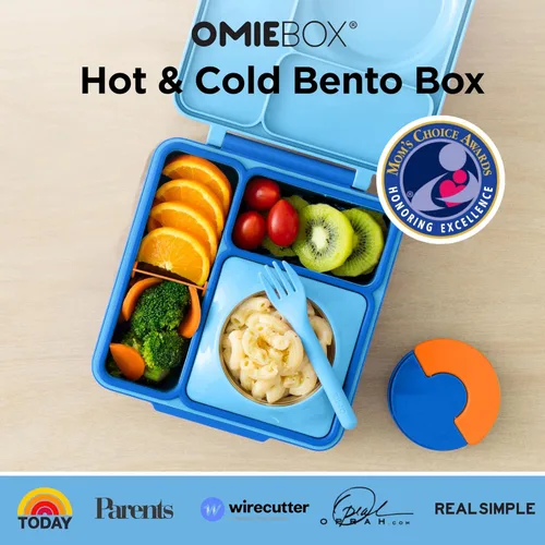 Vista 2 de OmieBox Bento Box para niños - Lonchera Bento aislada con termo a prueba de fugas aislado al vacío con 3 compartimentos, dos zonas de temperatura