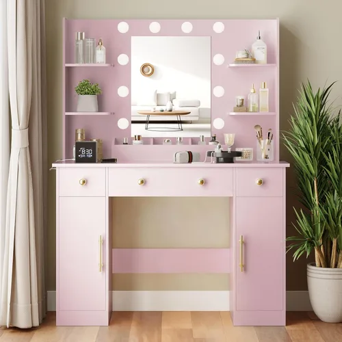 Vista 15 de Escritorio de maquillaje con espejo y luces, tocador negro de 43 pulgadas con parte superior de cristal, almacenamiento de joyas, 3 cajones