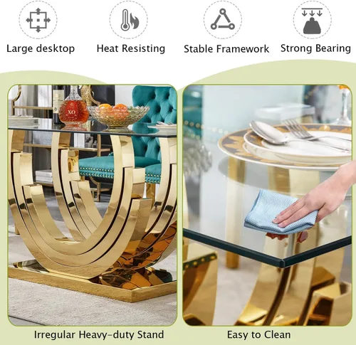 Vista 38 de Mesa de comedor de vidrio de 70 pulgadas para 4-8 personas, parte superior de vidrio templado y base de acero inoxidable en U dorada, escritorio