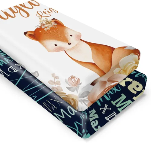 Vista 28 de Sábanas personalizadas para cuna de bebé, sábana bajera ajustable con nombre personalizado para funda de colchón estándar de cuna, paquete de 2
