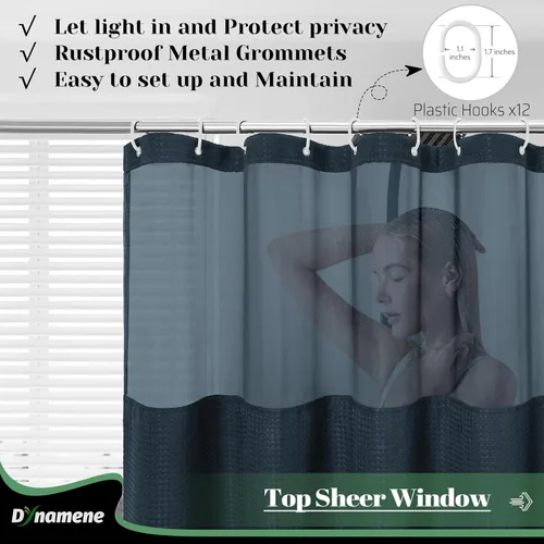 Vista 707 de Cortina de ducha de tela Dynamene verde oscuro - Cortinas de baño de tela de nido de abeja texturizadas resistentes, juego de cortinas de baño