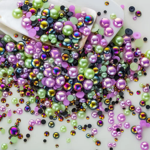 Vista 50 de 60g Perlas de Plata Gris y Diamantes de Imitación para Manualidades Tamaño Mixto 3mm-10mm Color AB Perlas Redondas Mitad Planas y Diamantes