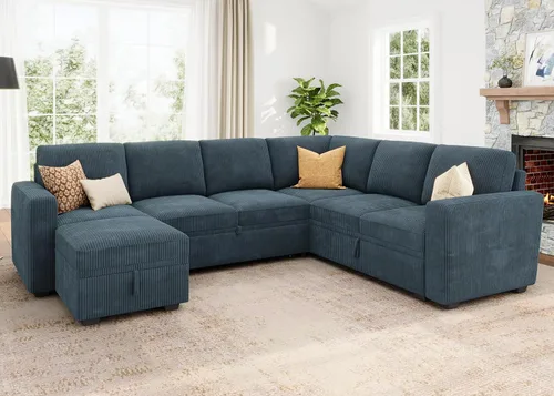 Vista 7 de HONBAY - Sofá seccional modular con cama desplegable, sofá de pana con almacenamiento, sofá seccional en forma de U para sala de estar, color azul