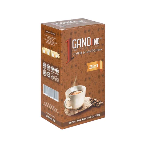 Vista 3 de 1 caja de café instantáneo GanoOne 3 en 1 con hongos Reishi - con extracto de ganoderma orgánico - Mezcla con crema y azúcar - Fácil de usar 20