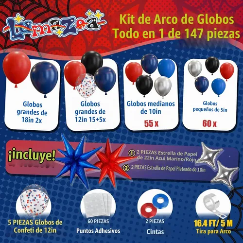 Vista 2 de Kit de arco de globos de araña azul marino, rojo, negro y plateado, globos