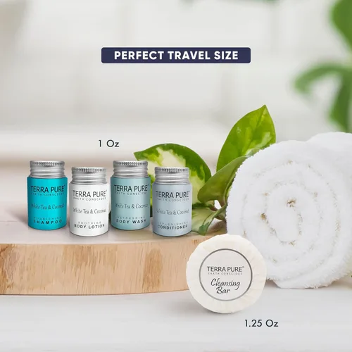 Vista 5 de Terra Pure Juego de artículos de tocador de té blanco y coco Kit de amenidades 1-Shoppe Líquidos de 1 oz, jabón en barra de 1.25 oz Hoteles