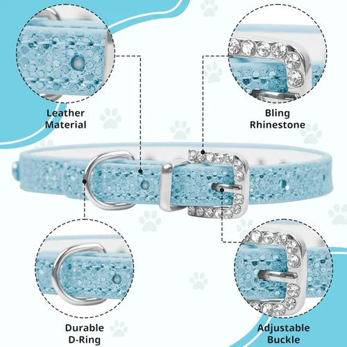 Vista 4 de HOWWFALY Pet Bling Accessories - Collar ajustable de piel sintética con diamantes de imitación para gatos y perros (extra pequeño, azul)