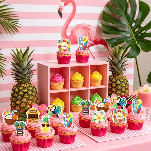 Vista 7 de Ercadio Paquete de 24 adornos para tartas de flamencos hawaianos con purpurina rosa, flamencos Luau, decoración hawaiana tropical de verano, Aloha