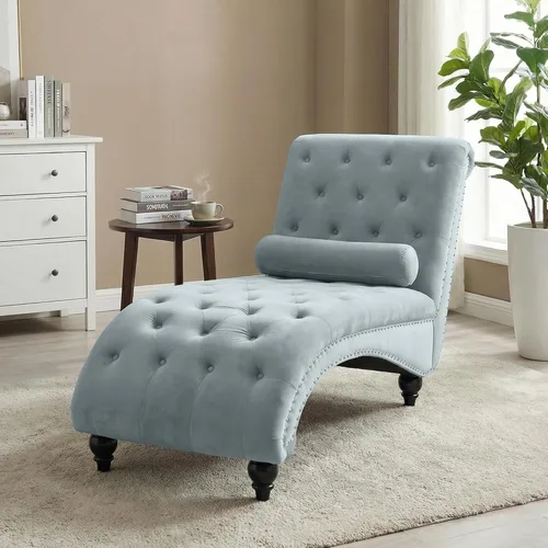 Vista 10 de Tumbona con botones para interiores, tumbona de terciopelo con patas y almohada, respaldo enrollado sin brazos, sofá reclinable para sala de estar