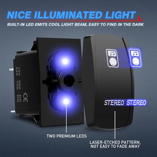 Vista 2 de MICTUNING LS083601JL - Kit de interruptor basculante estéreo láser, luz LED de encendido/apagado, 20A 12V, azul