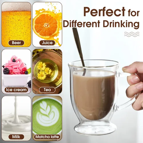 Vista 5 de Gejoy 6 juegos de tazas de café de vidrio de doble pared con cuchara, taza de café transparente aislada con asa, tazas de café de vidrio