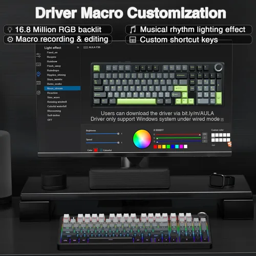 Vista 8 de AULA Teclado mecánico inalámbrico F99 Pro con perilla, estructura de junta, triple modo BT5.0USB-C2.4GHz teclado intercambiable en caliente, sonido