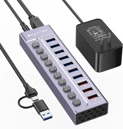 Vista 10 de Hub USB 3.0 alimentado, divisor de concentrador USB de 10 puertos con interruptores individuales y luces indicadoras, 10 puertos de transferencia