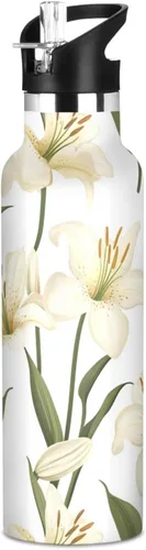 Cartoon Lily White Double Wall Vacuum Insulated Bottles Water Bottles With Straws Leak-proof BPA-Free Leak Proof for Gym Sports