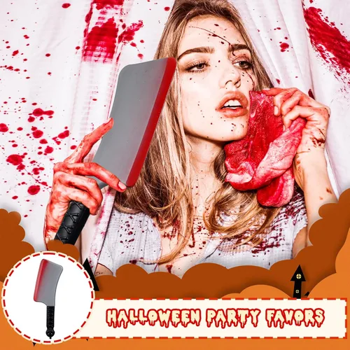 Vista 4 de Juego de 10 cuchillos para disfraz de Halloween, machete, hoz, cuchillo de carnicero sangriento, juguete para cosplay, armas falsas, accesorios