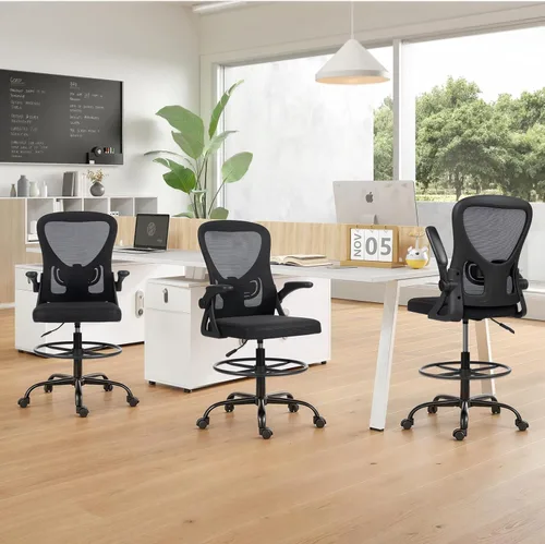 Vista 2 de ECOTOUGE Silla de dibujo alta, silla de oficina de malla transpirable con reposabrazos abatibles, silla de escritorio ergonómica de pie